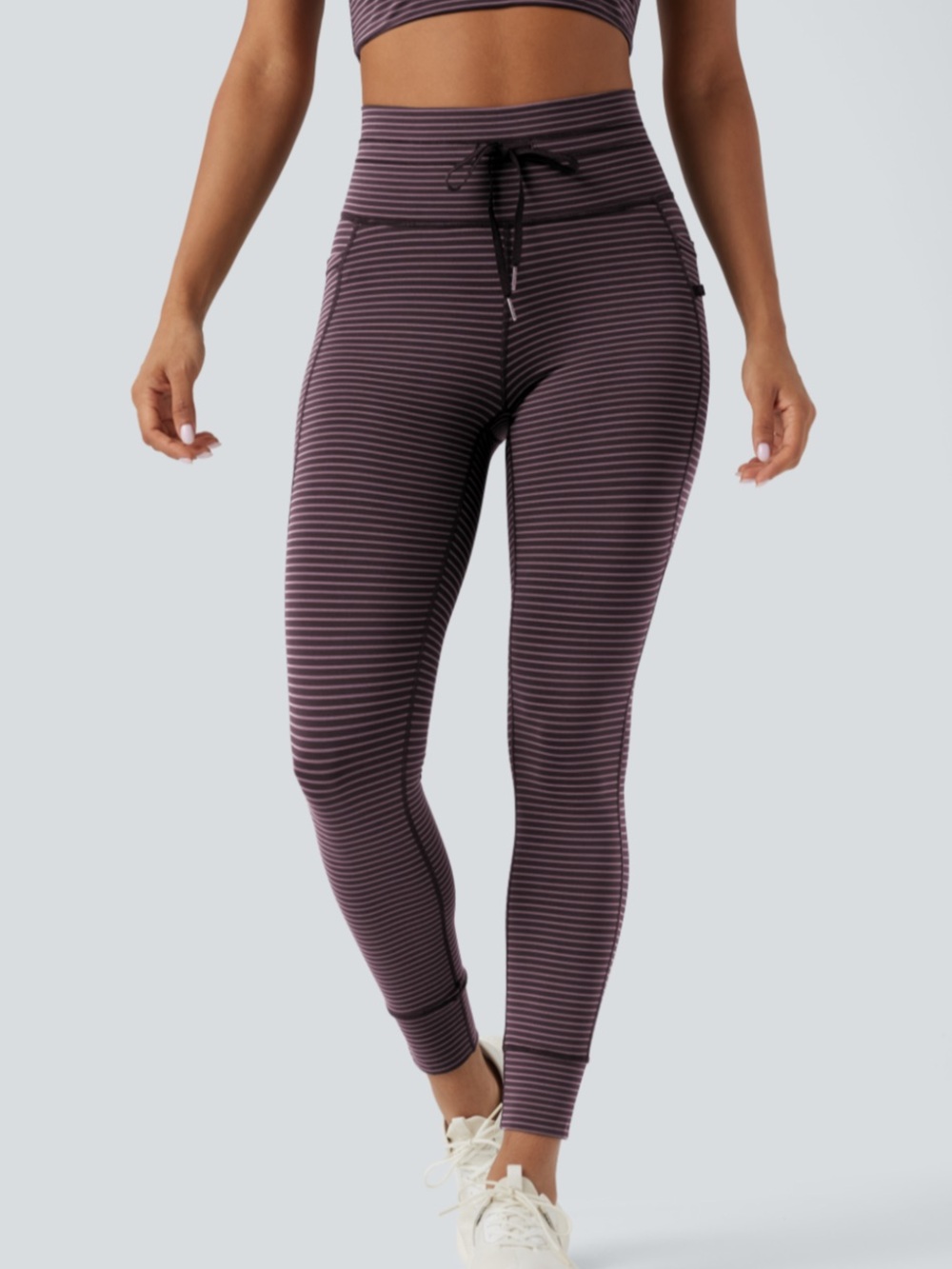 HALARA Burgundy and White Striped High-Waist Leggings with Pockets